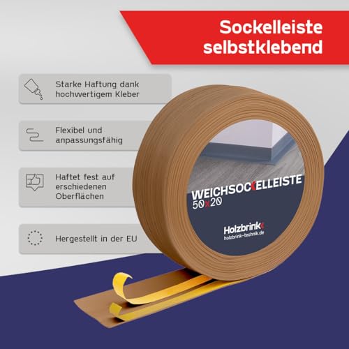 WOODBRINK soft skirting board self-adhesive PVC 50x20mm, 25 m | Angle strip for kitchen worktop, flooring | Self-adhesive corner strip | Color: Light Oak