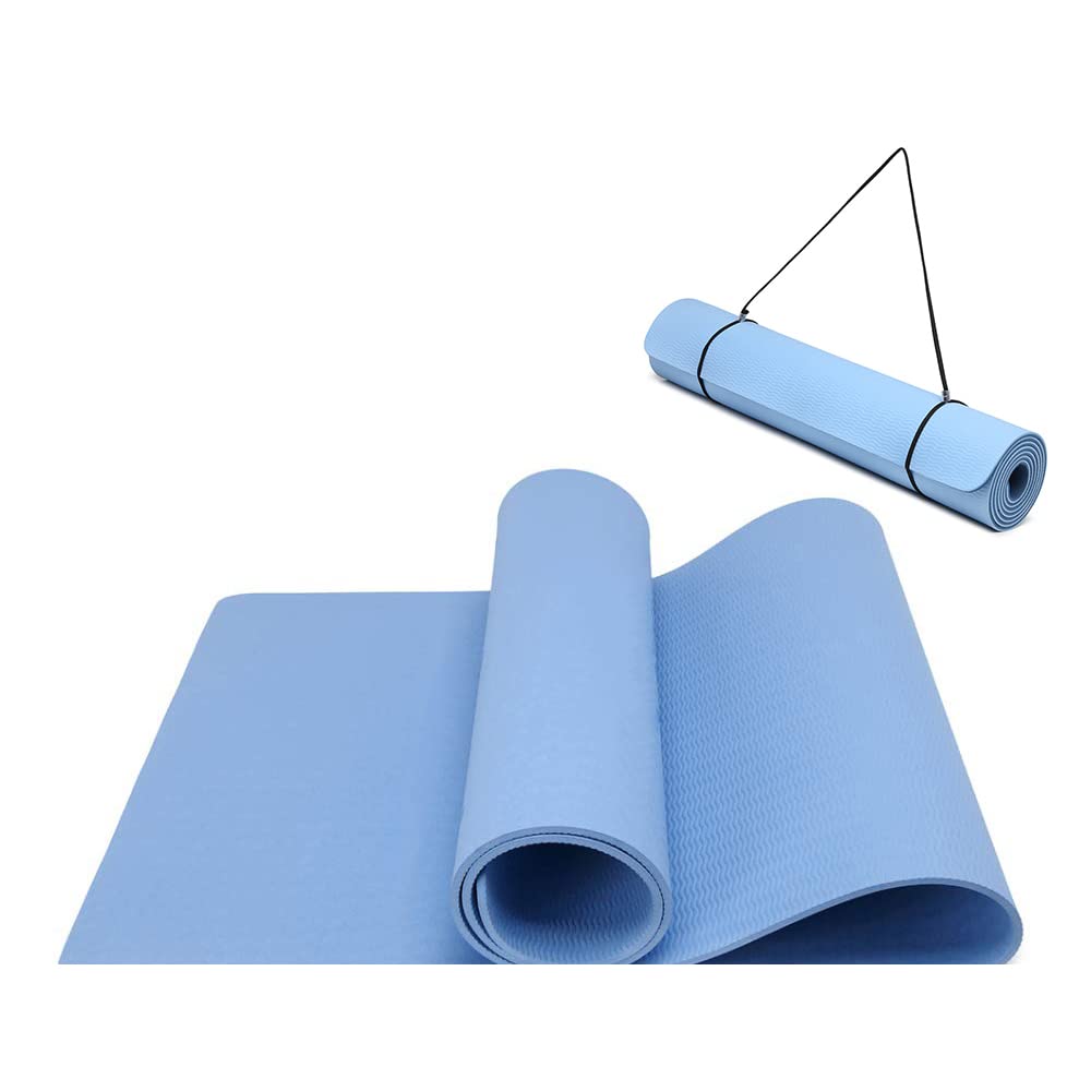 Non-slip and eco-friendly TPE sport mat with carrying strap for Pilates, workout, fitness. 183 x 61 x 0.6 cm (Blue)