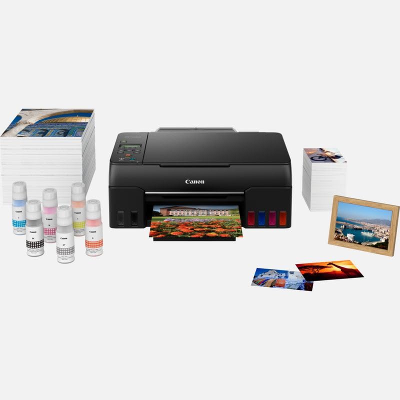 Canon PIXMA G650 MegaTank printer. Inkjet printer with scanner and copier functions. 4,800 x 1,200 dpi resolution, photo printing up to 4x6 inches. Features a LCD display, WLAN, wireless printing, and auto power on/off. Color: black.