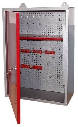 Metal workshop cabinet or key cabinet with lockable door, one shelf, a pegboard, and scratch-resistant surface, dimensions W 40 x H 60 x D 19 cm.