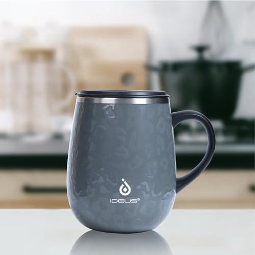 Ideus Coffee Cup 470 ml (16 oz), double-walled vacuum insulated coffee and tea mug made of stainless steel with non-slip handle and sliding lid with large capacity (Leopard Gray)