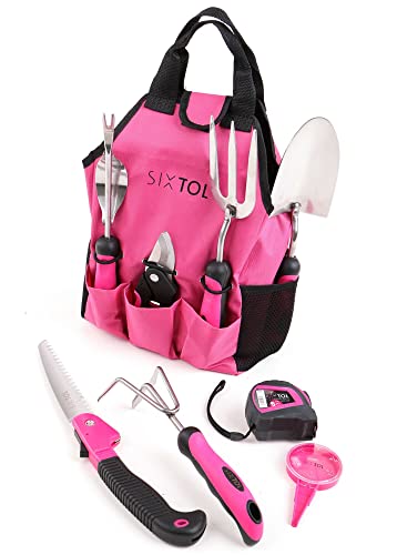 SIXTOL Garden PINK 12 garden tool set | 12 PCS garden accessories made of stainless steel | Garden apron as a gift for women | For gardeners | Garden tools with storage bag | Flower scissors, garden claw