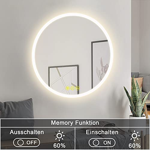 AI-LIGHTING Bathroom Mirror with Round Lighting 50 cm, 3 Light Colors, Fog-Free, Memory Function, Touch Switch, Energy Efficient.