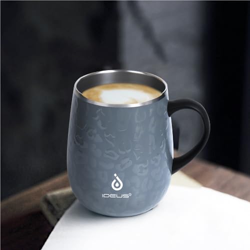 Ideus Coffee Cup 470 ml (16 oz), double-walled vacuum insulated coffee and tea mug made of stainless steel with non-slip handle and sliding lid with large capacity (Leopard Gray)