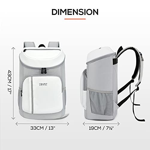 Tourit cooler backpack for 30 cans, lightweight, insulated, leakproof, soft cooler bag, large capacity, men and women, picnics, camping, hiking, beach, park, or day trips, light gray white.