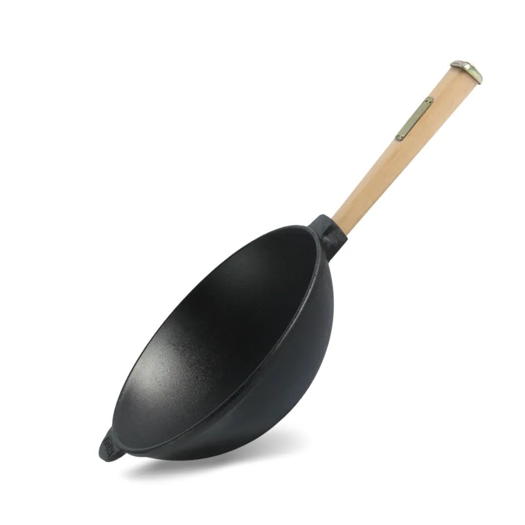 4BIG.fun Wok pan with wooden handle 24 cm made of cast iron Wok 2.2 L Outdoor frying pan Camping grill pan Cooking utensils Cast Iron Wok pan Cast Iron pan Induction
