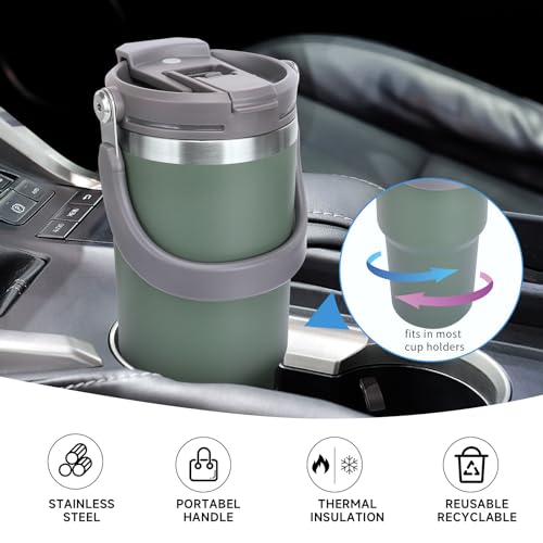 Riley Joy thermal cup 900ml, 1200ml drinking cup with lid and stainless steel straw insulation for hot and cold drinks coffee mug for water, coffee or iced tea (Green, 900 ml)