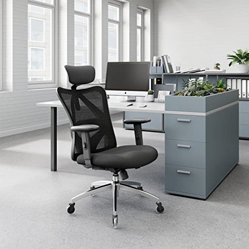 SIHOO ergonomic office chair features adjustable lumbar support, headrest, and armrests, height adjustment, rocking function, supports up to 150kg/330lb.
