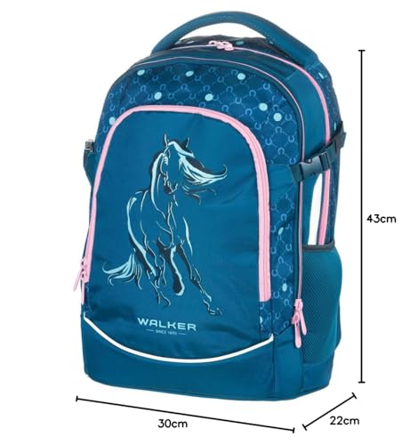 Walker school backpack Fame 2.0 "Lucky Horse" with 2 compartments, front pocket with organizer, side pockets, school bag including back padding, adjustable shoulder and chest straps.