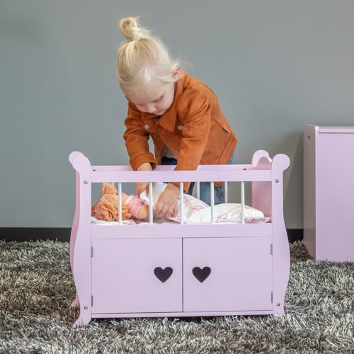 Bandits & Angels wooden doll bed Sweetheart with wardrobe pink - Suitable for dolls up to 46 cm - Includes blanket - Doll furniture.