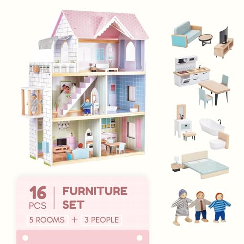 Giant wooden dollhouse, 80cm tall, with elevator, doorbell, lights, 15 furniture pieces, and 3 dolls. Toy gift for girls ages 3+.