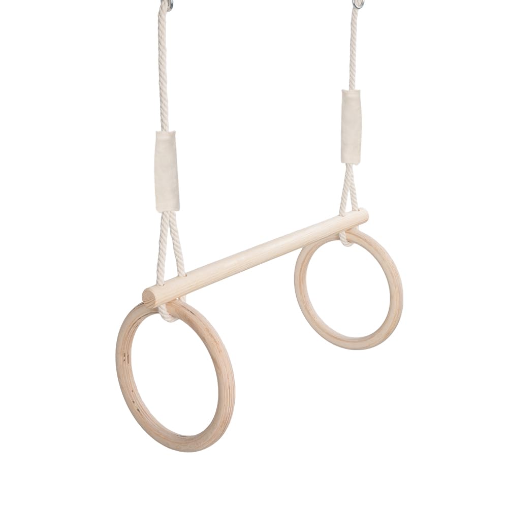 MAMOI® Trapeze swing, wooden gymnastic rings, kids' indoor and outdoor exercise equipment, ring swing, wooden swing gymnastics, gymnastic rings and trapeze bar.