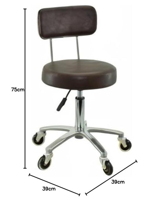 VAKON SALON - Premium rolling stool with backrest in brown - Adjustable height from 50 to 65 cm - Round seat - Swivel stool work stool practice stool.