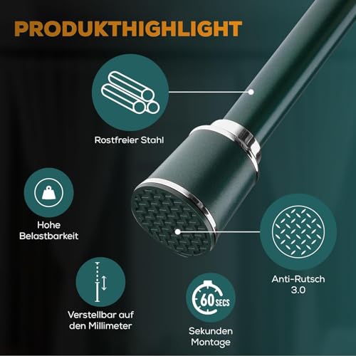 MEISENBERG telescopic rod 87-120 cm Ø32mm, Green - Curtain rod without drilling, Extendable clamp rod, Curtain rod for clamping - Perfect for curtains & drapes.