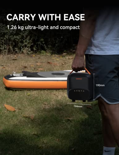 AIRBANK Electric Air Pump SUP Pump with Battery The Buffer Pro, Rechargeable Dual Stage Auto Off Air Pump for Paddleboard, Wing Foil & Kite, Tent, Mattress (Light Gray)