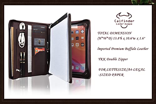 Calfinder a4 Writing Portfolio, Leather Business Portfolio, Zipper Conference Portfolio/a4 Clipboard, Document Folder for iPad Pro 10.5/11, Gifts for Women/Men, Dark Brown