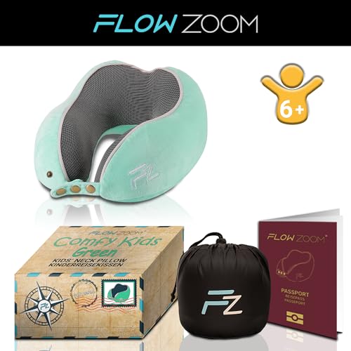 FLOWZOOM Kids Neck Pillow for Home Reading - Travel Pillow made of Memory Foam with extra soft pillowcase for kids aged 6+ - Comfy Kids Turquoise