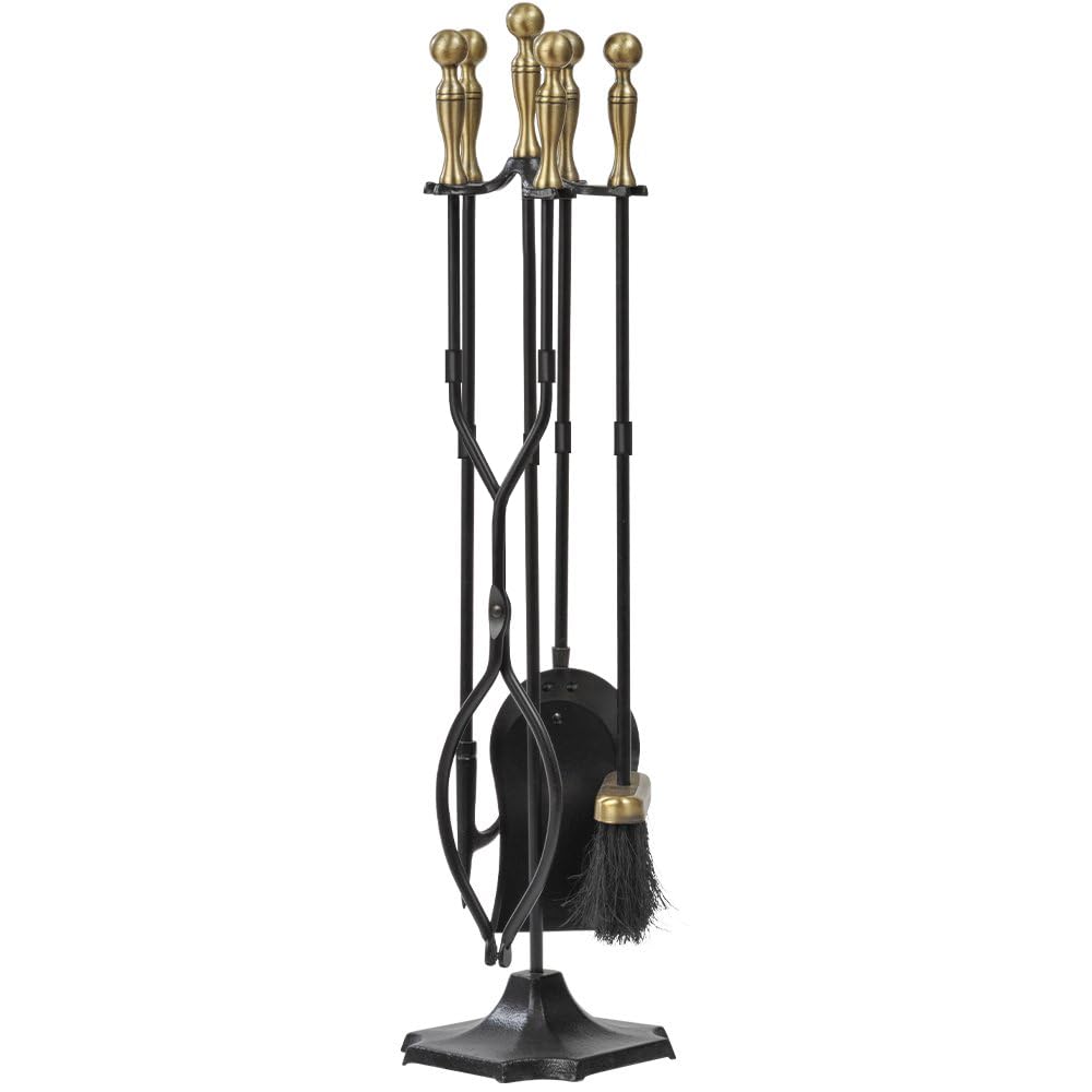 AMAGABELI 26.5" 5-piece Fireplace Tool Set with Wrought Iron and Inner Decoration Fireplace Accessories Firewood Stand Tongs Shovel Brush Poker Gold.