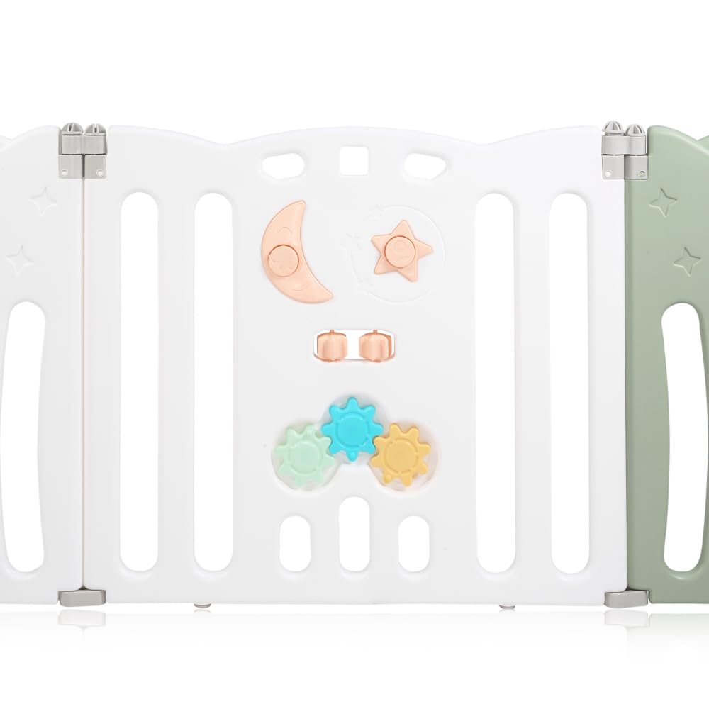 Baby Vivo Playpen Play Yard Foldable Baby Playpen Crawl Gate Safety Gate for Kids made of plastic with door and toys 14 elements in Green - Owl