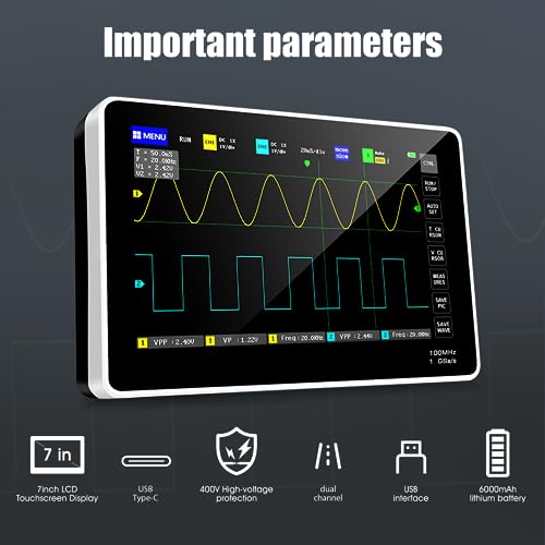 SURLABA Digital Tablet Oscilloscope, Touchscreen oscilloscope 100MHz bandwidth with 2 channels, 1GSa/s sampling rate, 240kbit storage depth, trigger mode Auto/Normal/Single for DIY, home use.