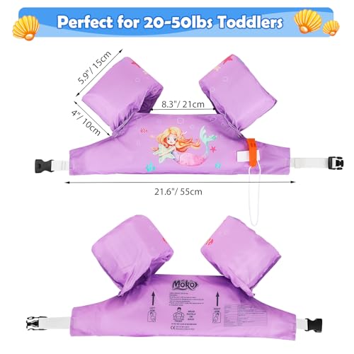 MoKo Kids Arm Floaties, Cartoon Floating Swimsuit Swim Training Jacket with Buckle for Boys Girls, 20 to 50 lbs - Purple & Star Mermaid