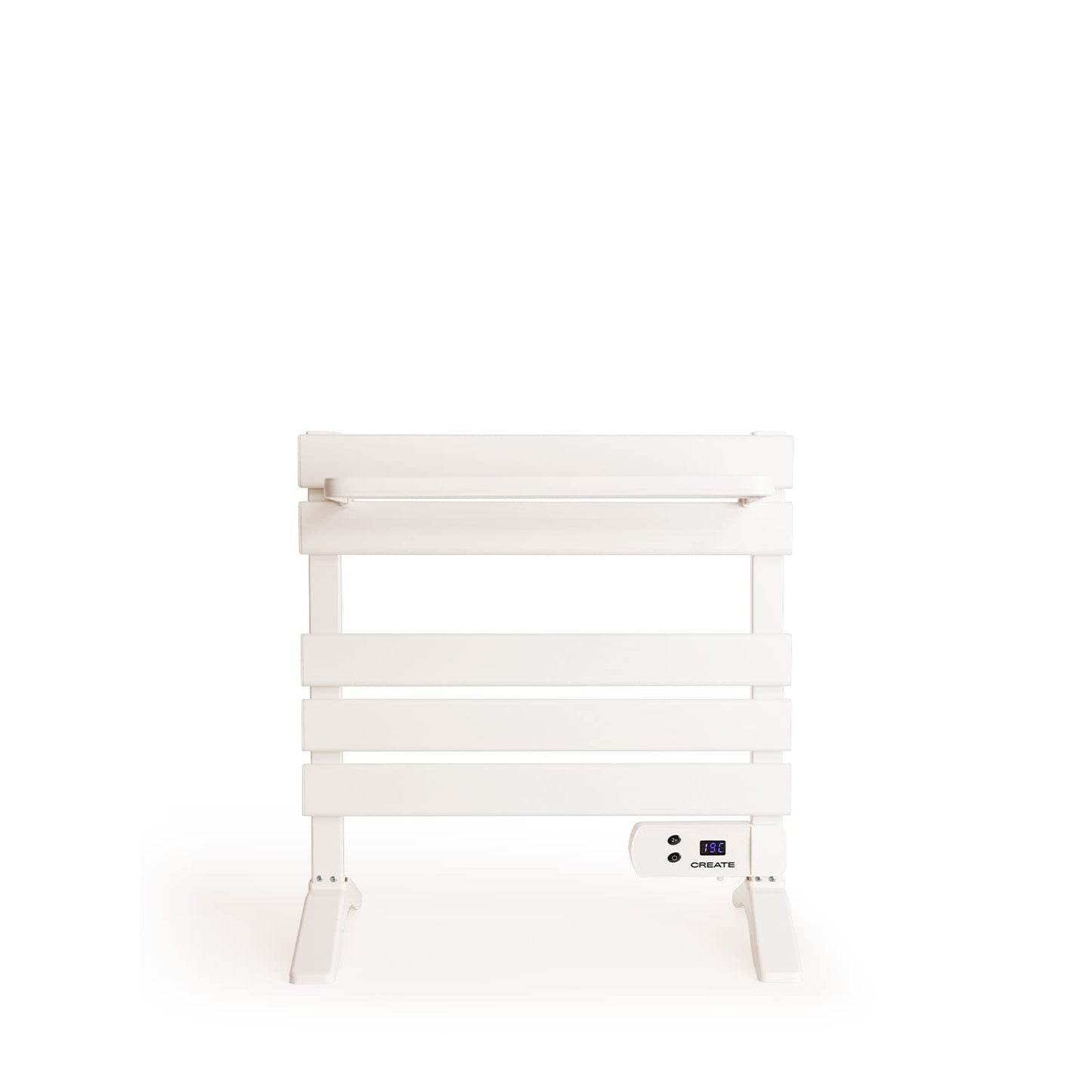 CREATE / WARM Towel Mini 150W / Electric Bathroom Heater White with Stand Feet and Shelf / 22.9x16.1x22 inches / Quiet, low consumption, LCD display, 150W