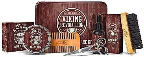 Viking Revolution Beard Care Kit for Men - Ultimate set with 100% boar bristle beard brush, wooden beard comb, beard balm, beard oil, mustache & beard scissors - Gifts For Men - Sandalwood