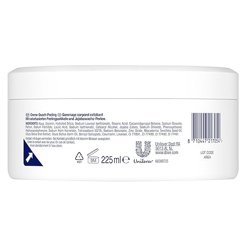 Dove Cream Shower Scrub Macadamia & Rice Milk Scrub Body Scrub for smooth skin Skincare with jojoba wax beads 4x 225 ml