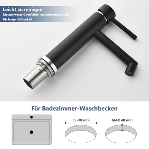 Black Bathroom Faucet, Ulytid Sink Faucet for Bathroom, Stainless Steel Single Handle Basin Tap, Cold & Hot Water Mixer Tap, Basin Faucet with Spout Height 111 mm