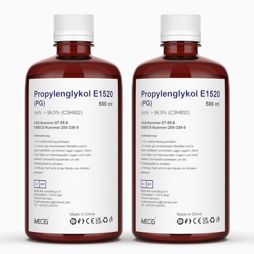 IMECIG 2 x 500ml PG Propylene Glycol liquid E1520, purely plant-based, 0% additives, high-quality.