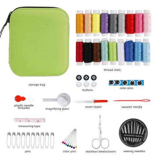 JUNING sewing kit with sewing accessories, thread spools, large format premium sewing, complete sewing tools for beginners, travelers, relatives, and friends, green.