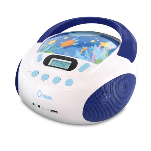 mooov 477170 CD player for kids with speakers, USB, headphone jack, AUX-IN port - boombox CD player portable - mains powered or batteries - Ocean model - blue/white