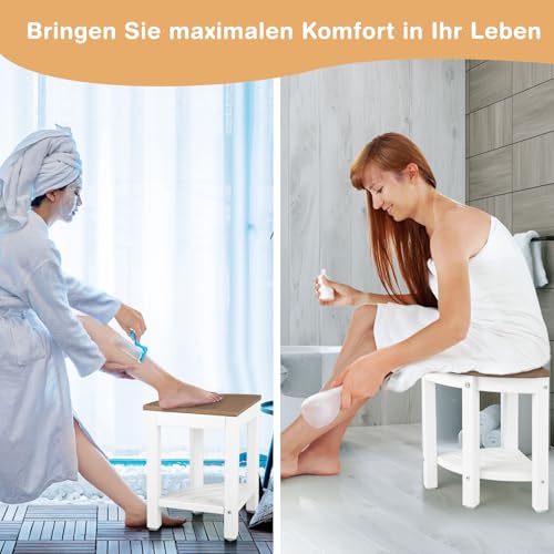 RELAX4LIFE corner shower bench, HDPE shower stool with storage, bathroom footrest for small spaces, waterproof shower stool up to 150kg capacity, 2-tier organizer for indoor showers, brown + white.