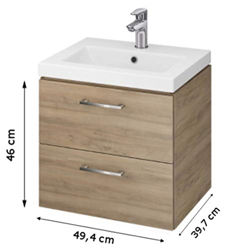VBChome Vanity Unit with Washbasin 50 cm Walnut - Bathroom Furniture Set with 2 Soft-Close Drawers - Wall-mounted Bathroom Cabinet with Ceramic Sink - Modern Design