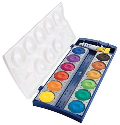 Pelikan Set DIN 5023 watercolor set 12 colors + 1 tube white, school standard (with cup + brush), Blue K12 Set