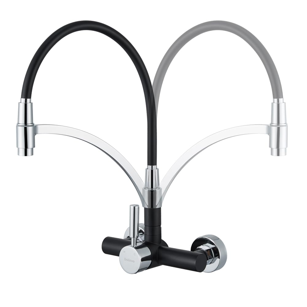 Kitchen faucet Wall-mounted sink faucet Black, Dolinvo Kitchen faucet Wall-mounted with 360° swivel, Single lever sink mixer tap wall-mounted faucet, Scald protection silicone cover.
