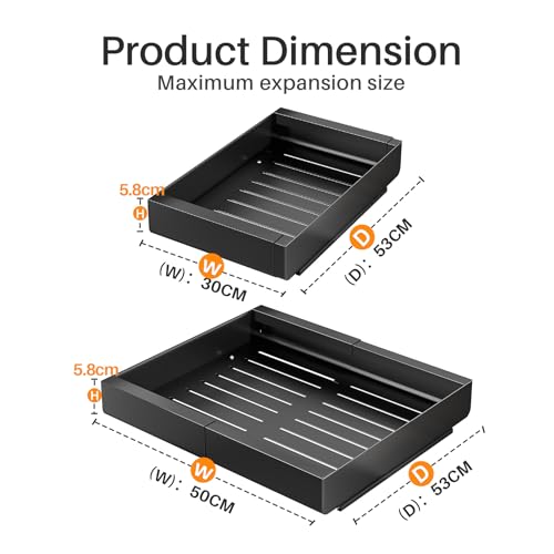 SAYZH Telescopic Drawer, Pull-Out Drawer Kitchen, Kitchen Cabinet Organizer for Kitchen Cabinets, Drawer Organizer, No Tools Required (Black, 30-50 cm W x 53 cm D x 5.8 cm H)