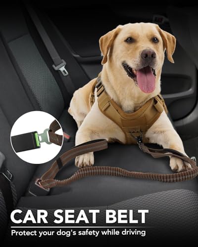 Joytale Tactical Dog Leash, 1.2m-1.8m Bungee Dog Leash Reflective with 2 Padded Handles, Car Safety Belt, No-Pull Dog Leash for Medium, Large, X-Large Dogs, Brown