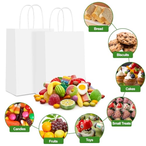 Gucass 50 pieces Medium Paper Bags with Handle, White Kraft Paper Gift Bags, 21x11x27cm Paper Carrier Bag, Gift Bags for Packaging Shopping Birthday Parties Wedding Christmas.