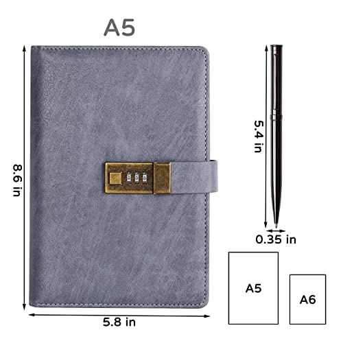 WEMATE diary with lock, A5 PU leather journal with lock, 240 pages, lockable diary planner organizer for men and women, 8.6x5.8 inches