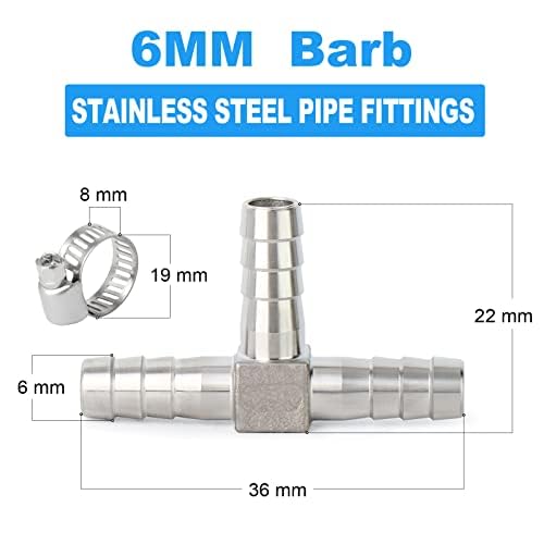 ERGAOBOY 2 pieces 6mm stainless steel hose barb T-piece 3-way T-shaped SUS 304 hose fitting with 6 clamps