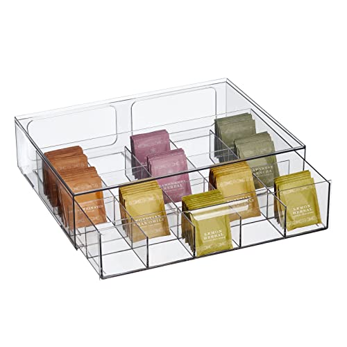 mDesign storage box for tea bags, coffee pods, sugar, etc. - compact plastic tea box with 20 compartments - kitchen organizer with a drawer - 2-pack - transparent