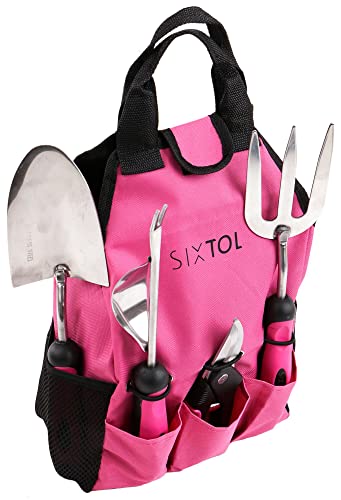 SIXTOL Garden PINK 12 garden tool set | 12 PCS garden accessories made of stainless steel | Garden apron as a gift for women | For gardeners | Garden tools with storage bag | Flower scissors, garden claw