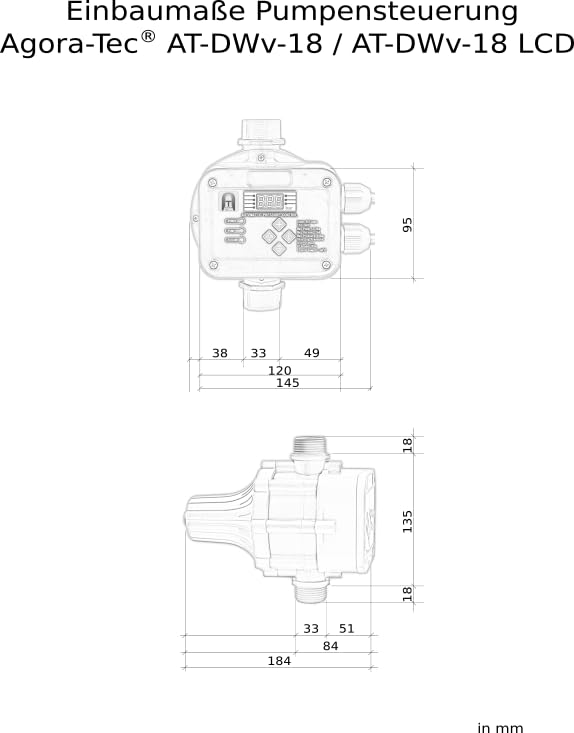 Agora-Tec® Pump control pressure switch flow monitor DWv-18-LCD wired (adjustable on/off pressure) with dry run protection, overpressure monitoring, leakage indication.