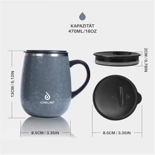 Ideus Coffee Cup 470 ml (16 oz), double-walled vacuum insulated coffee and tea mug made of stainless steel with non-slip handle and sliding lid with large capacity (Leopard Gray)