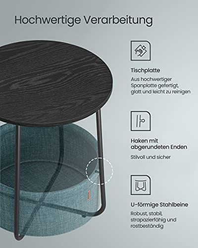 VASAGLE Side Table Round, Small Table, Small Coffee Table, Living Room Table, Fabric Basket, Storage for Living Room or Bedroom, Modern Nightstand, Ebony Black and Turquoise Blue LET223B56