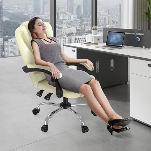 Rattan tree Ergonomic Office Chair, Desk Chair, PU Leather Computer Chair with Padded Armrest and Soft Headrest, Backrest, Tilt Function, Height Adjustable, Executive Chair, Beige