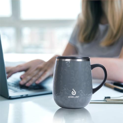 Ideus Coffee Cup 470 ml (16 oz), double-walled vacuum insulated coffee and tea mug made of stainless steel with non-slip handle and sliding lid with large capacity (Leopard Gray)
