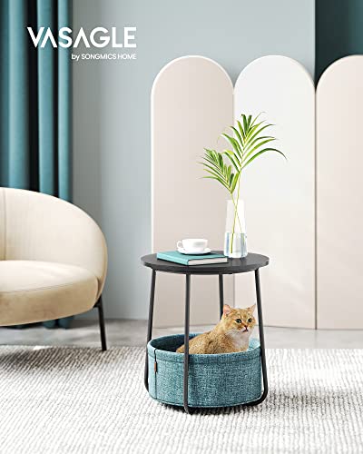 VASAGLE Side Table Round, Small Table, Small Coffee Table, Living Room Table, Fabric Basket, Storage for Living Room or Bedroom, Modern Nightstand, Ebony Black and Turquoise Blue LET223B56