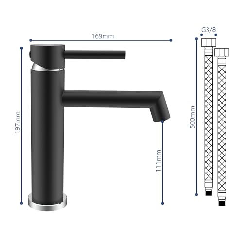 Black Bathroom Faucet, Ulytid Sink Faucet for Bathroom, Stainless Steel Single Handle Basin Tap, Cold & Hot Water Mixer Tap, Basin Faucet with Spout Height 111 mm